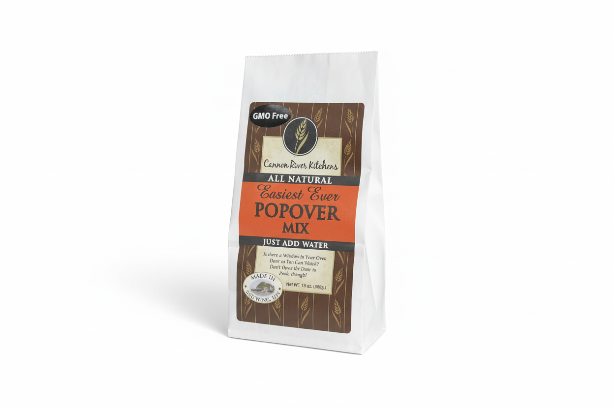 Bag of Cannon River Kitchens popover mix on a white background