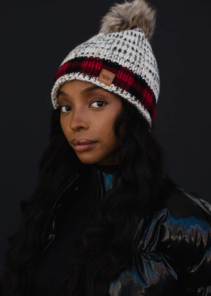 Grey Heather Pom Hat w Red Plaid Trim - Panache