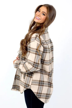 Shacket w/ Pockets, Taupe Tartan Plaid | Fornia