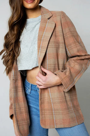 Shazer Plaid w Pockets, Brown & Light Blue | Casual Blazer Shacket