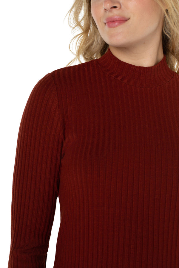Long Sleeve Mock Neck Rib Knit Top, Deep Red Cinnamon | LIVERPOOL
