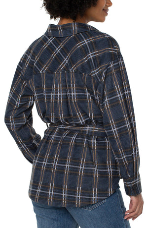 Belted Plaid Shacket w Pockets, Navy | LIVERPOOL