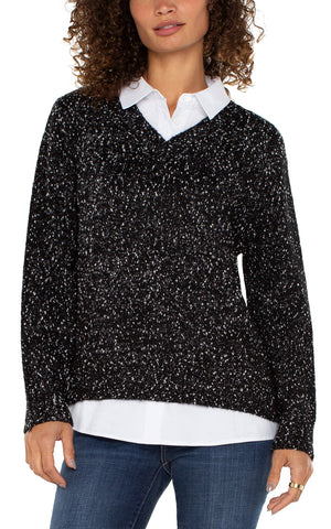 Collared Sweater, Black w/ White Flecks Twofer | Liverpool