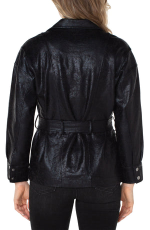 Belted Moto Jacket, Black Crackled Coat | LIVERPOOL