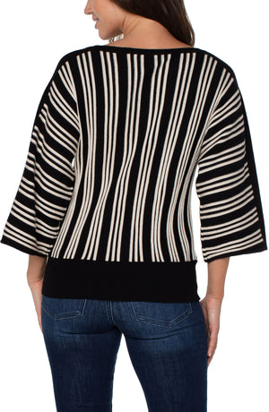 Dolman 3/4 Sleeve w Vertical Stripe Detail, Black & Ecru Stripe | LIVERPOOL