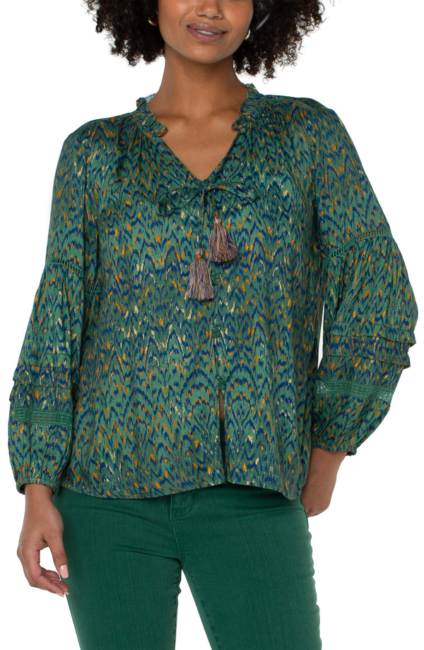 Long Sleeve Popover Shirred Blouse, Emerald Ikat Print | LIVERPOOL