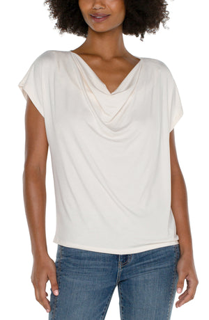 Short Sleeve Draped Cowl Neck Knit Top, French Cream | LIVERPOOL