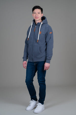 Zeus Zip Up Hoodie w/ Leather Detail, Navy | Wanakome