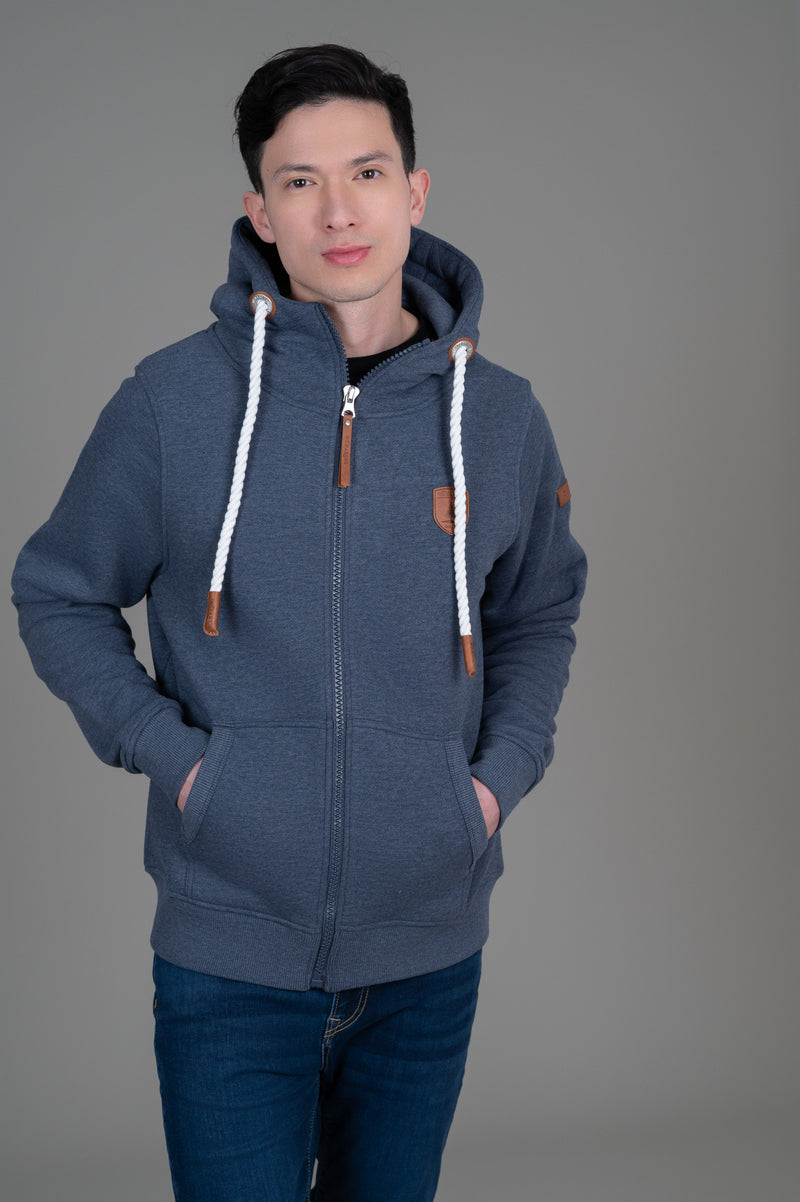 Zeus Zip Up Hoodie w/ Leather Detail, Navy | Wanakome