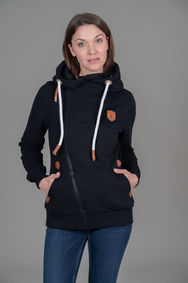 Athena Asymmetric Zip Up Hoodie with Leather Detail, Black | Wanakome