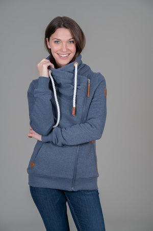 Hestia Zip Up Hoodie with Leather Detail, Navy | Wanakome