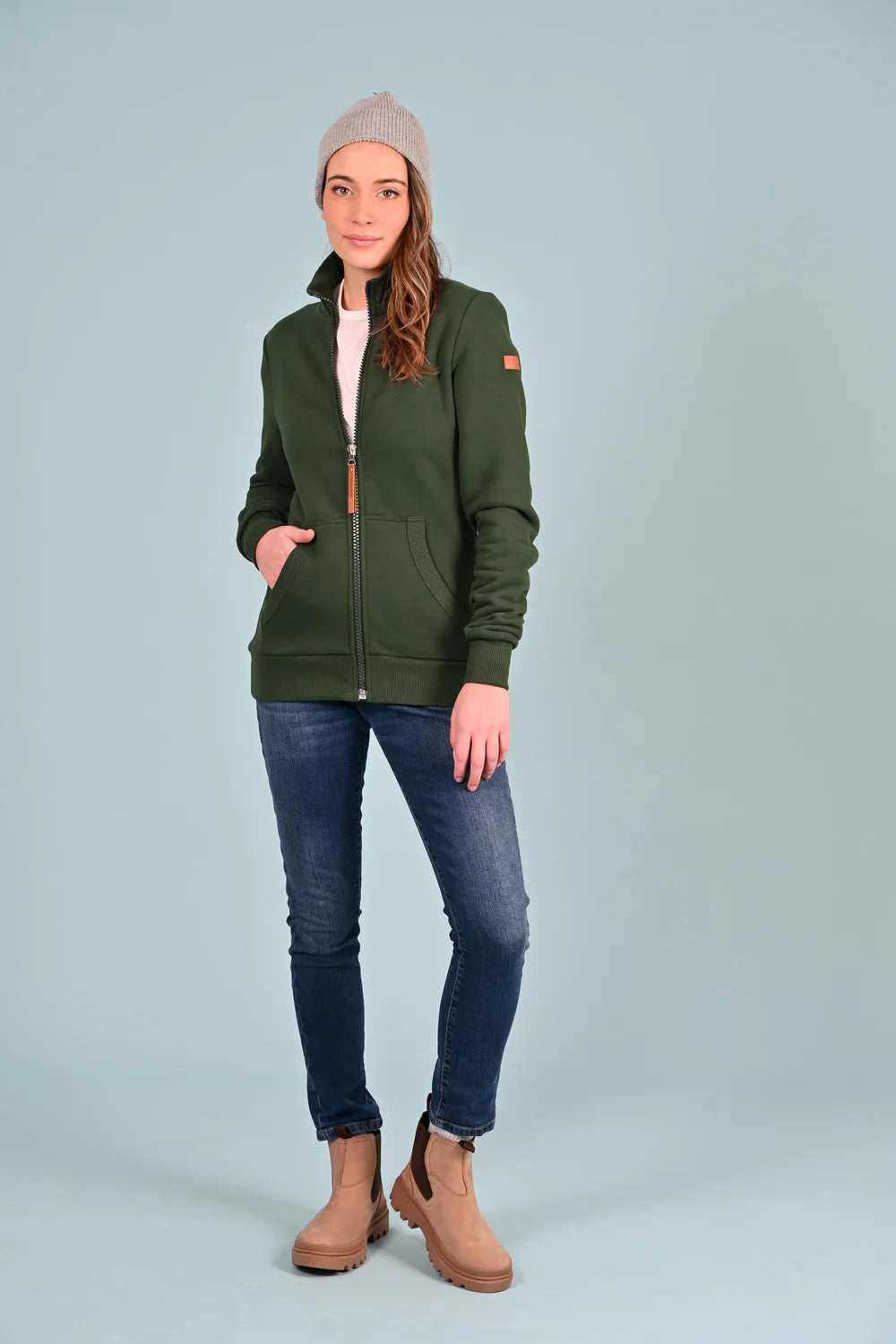 Marla Zip Up Rib Neck Jacket, Deep Forest Green | Wanakome