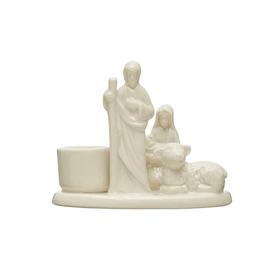 Stoneware Nativity Taper Holder, White | Christmas Decor & Home Goods