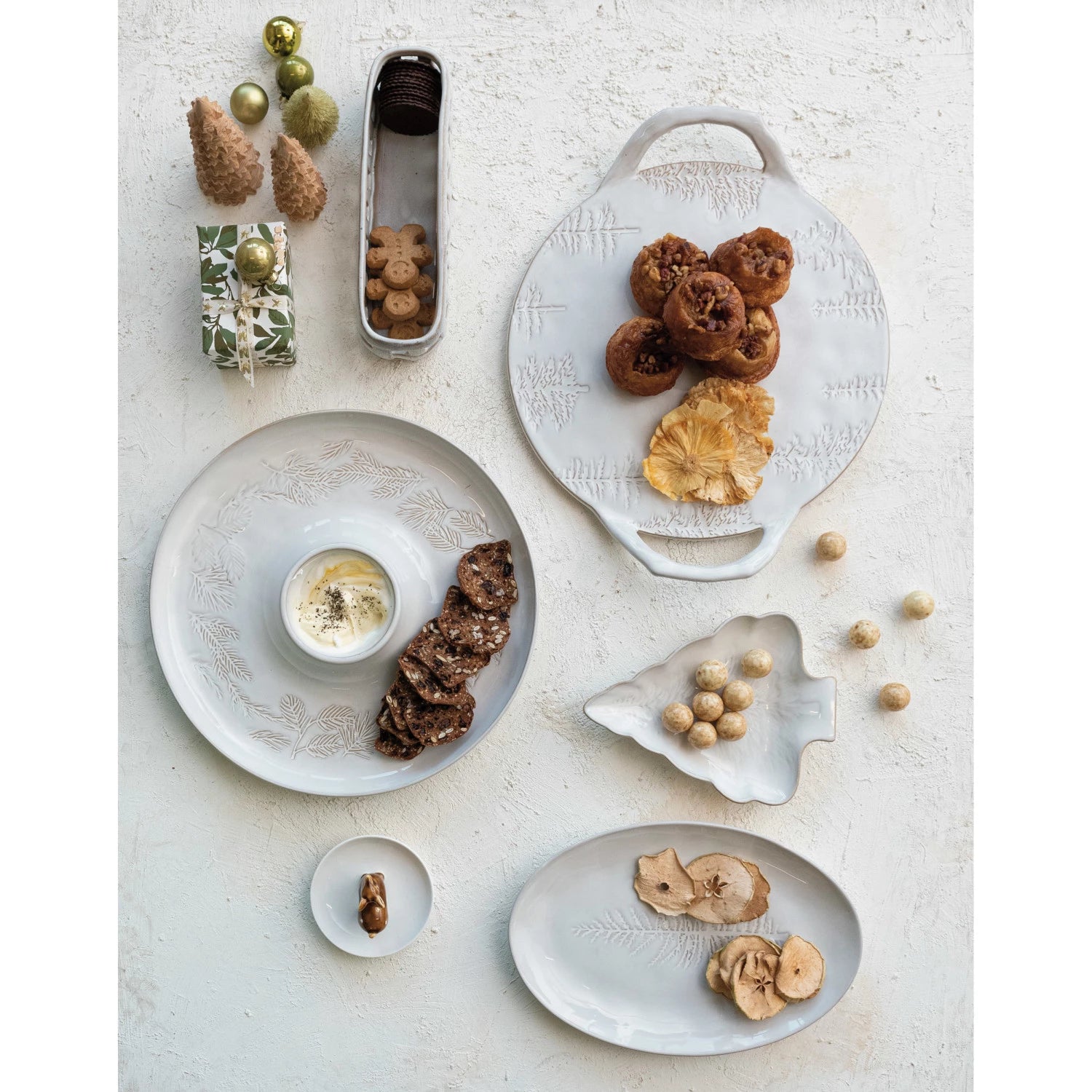 Stoneware Tree Shaped Plate w/ Embossed Branches | Holiday & Christmas Entertaining & Serving Trays