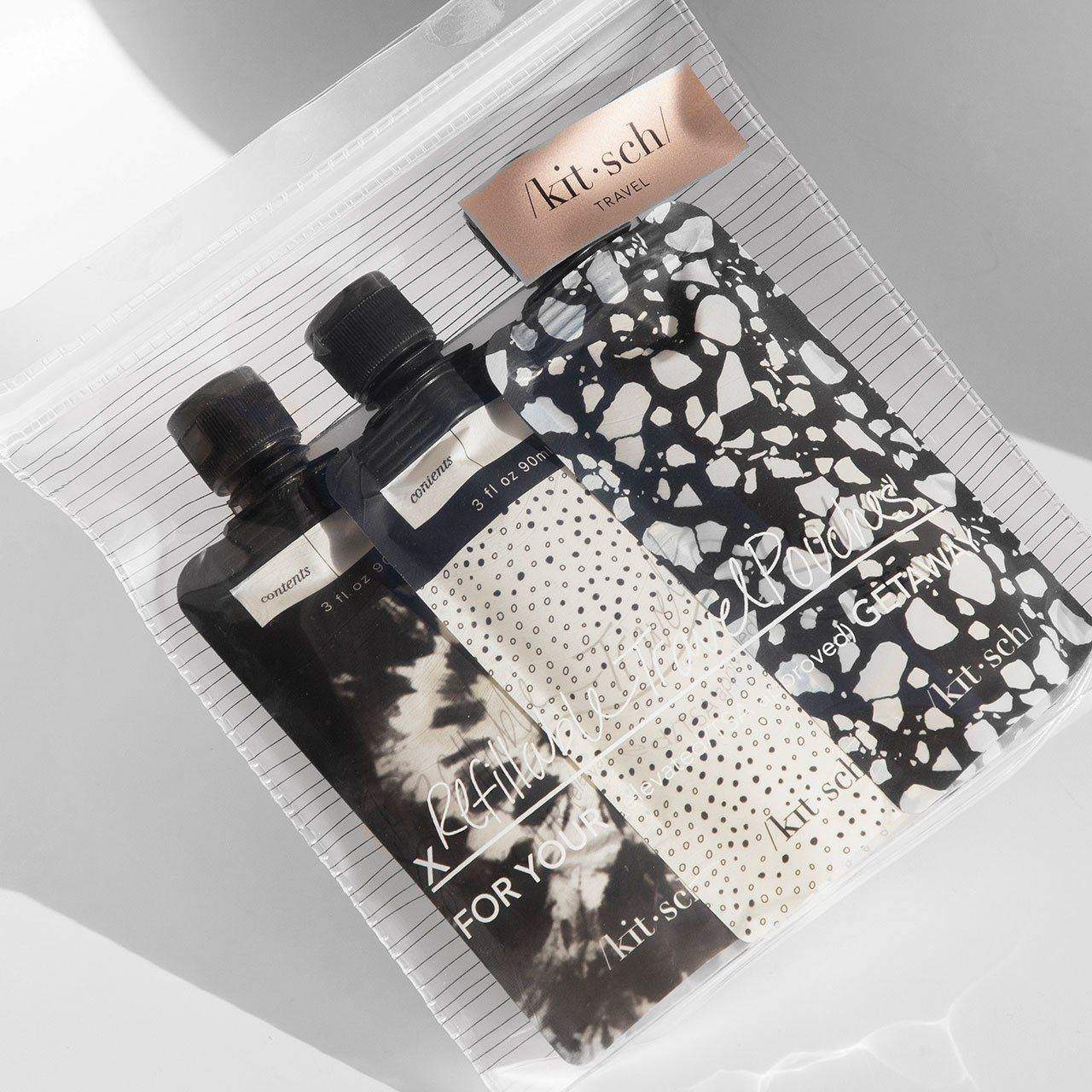 Refillable Travel Pouches Set of 3, Ivory & Black | KITSCH