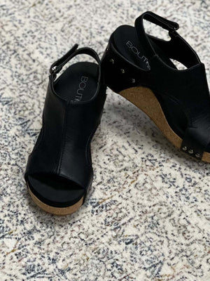 Carley Wedge Sandal, Black Smooth | Corkys -SALE
