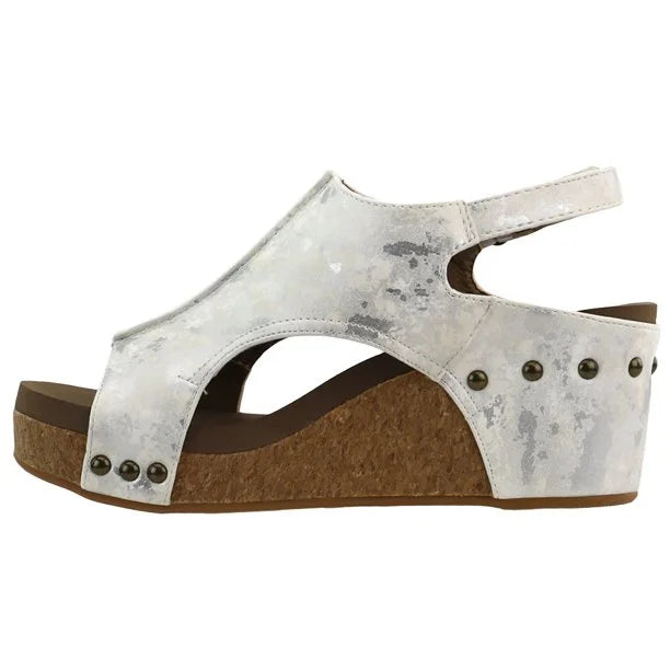 Carley Wedge Sandal, White Metallic | Corkys - SALE