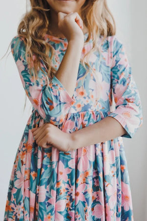 Rainforest Blooms Girl's Twirl Dress, 3/4 Sleeves | Mila & Rose