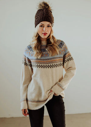 Cozy Cream Nordic Faire Isle Sweater with Blue and Brown Design