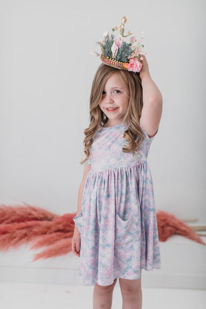 Pocket Twirl Dress, Short Sleeve Girl's Dress - Mermaid Sparkles | Mila & Rose