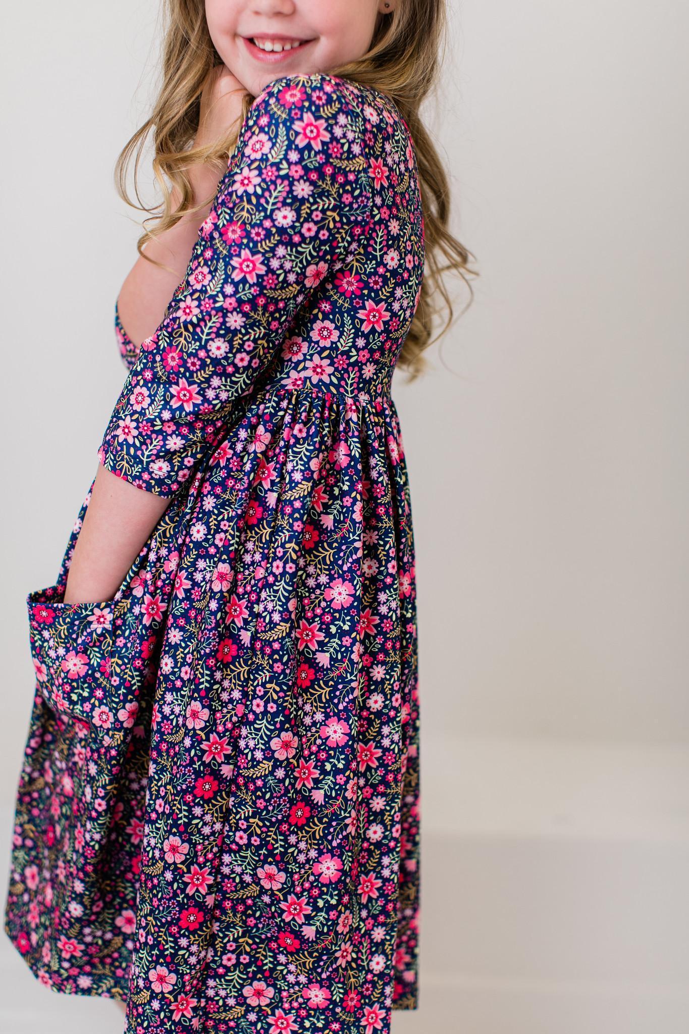Flower Farm Pocket Twirl Dress, 3/4 Sleeve | Mila & Rose