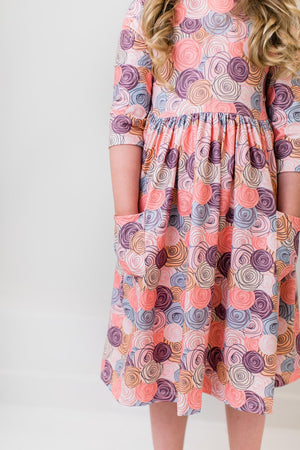 Pocket Twirl Dress, 3/4 Sleeve, Rosettes - Little Girl Dresses | Mila & Rose