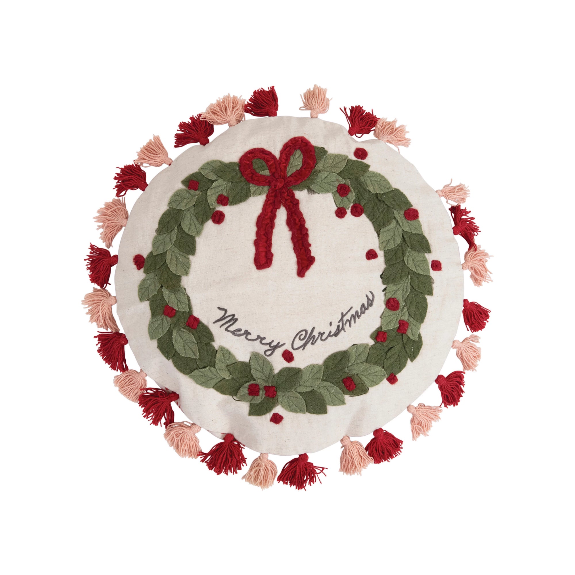 Round Merry Christmas Pillow with Tassels